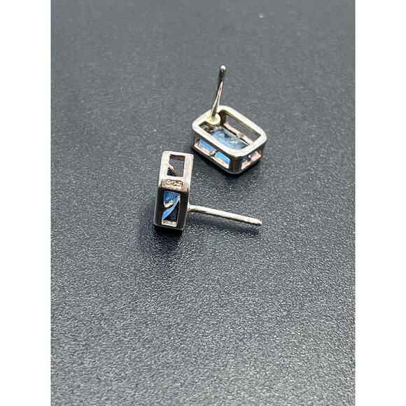 Sterling Silver Stamped 925 Rectangular Blue Stone Stud Earrings - Picture 11 of 14